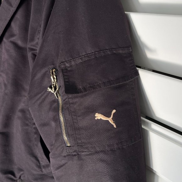 Black Puma Bomber Faux Fur Hooded Moto style Jacket Sized Large - Picture 6 of 14